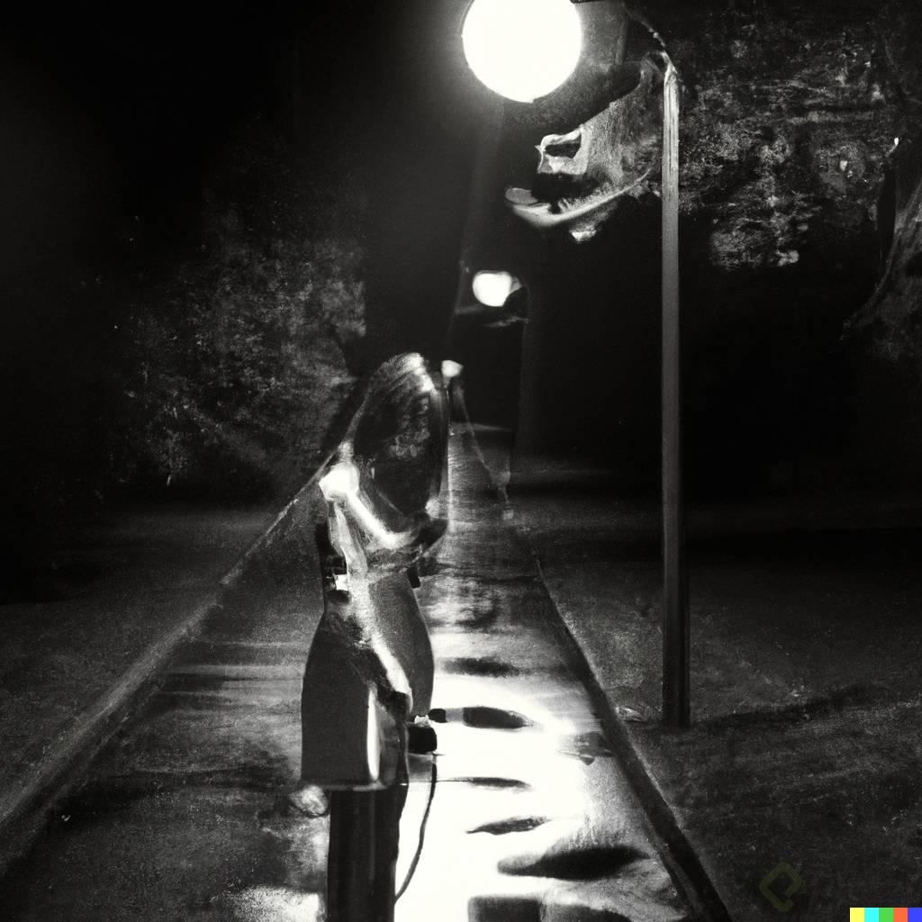 DALLÂ·E 2023-02-13 11.16.37 - Two-color portrait, black and white, open space, of a girl walking in a dark long alley, scared, holding her arms, in the moonlight, few pole lamps li.png