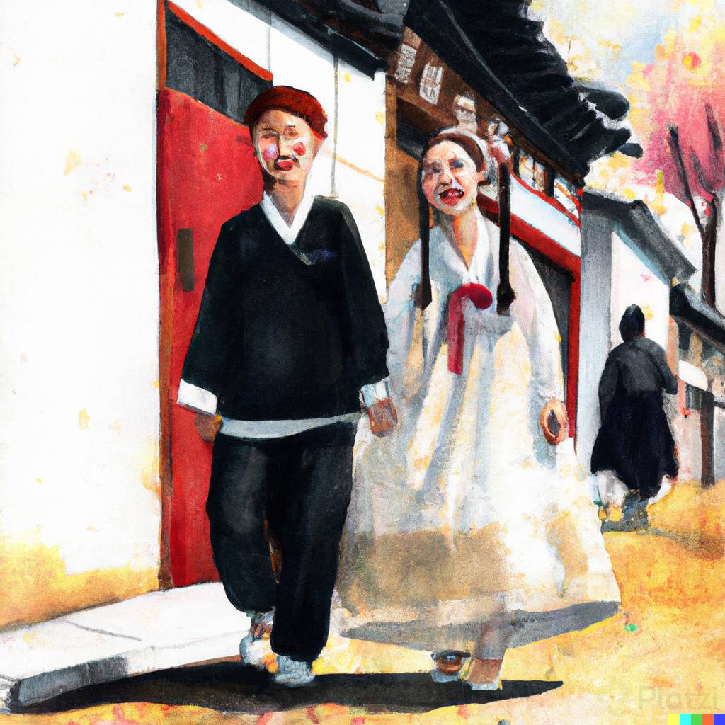 DALLÂ·E 2023-02-13 11.43.46 - Young Korean couple, walking on the sidewalk together, wearing hanbok, sunny day, Expressionism style by Xooang Choi.png