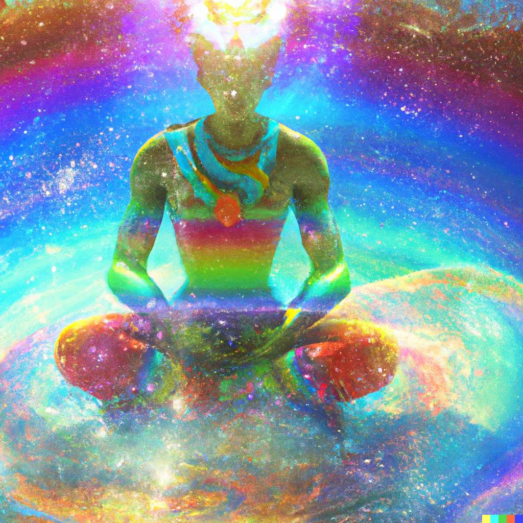 DALL路E 2023-02-13 12.31.11 - yogi sitting, eyes closed, third eye open, meditate in the universe, shine in the heart, 3d rendering, beautiful soft edge natural light, colorful det.png