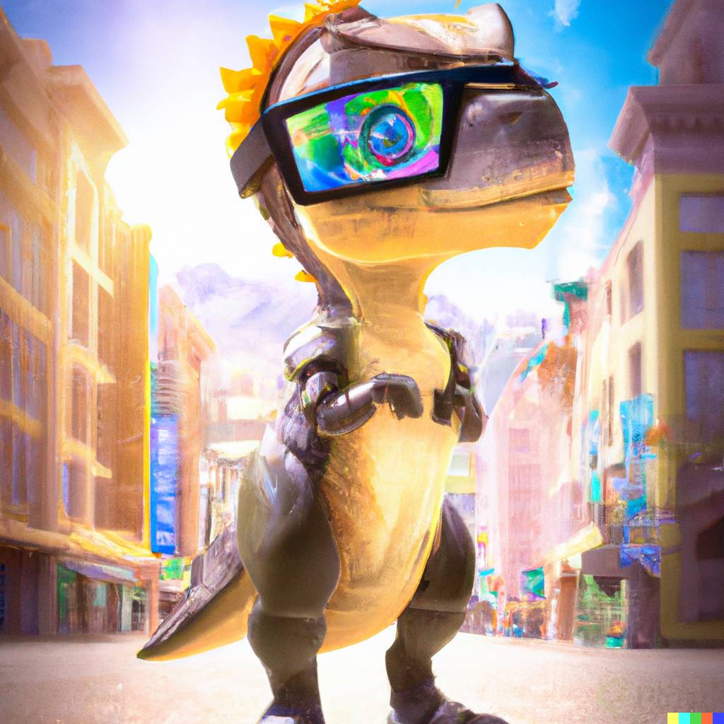 DALL路E 2023-02-13 18.12.39 - a baby dinosaur, pixar stile, in a futuristic city, with futuristic glases, cool clothing, hyper realistic .png