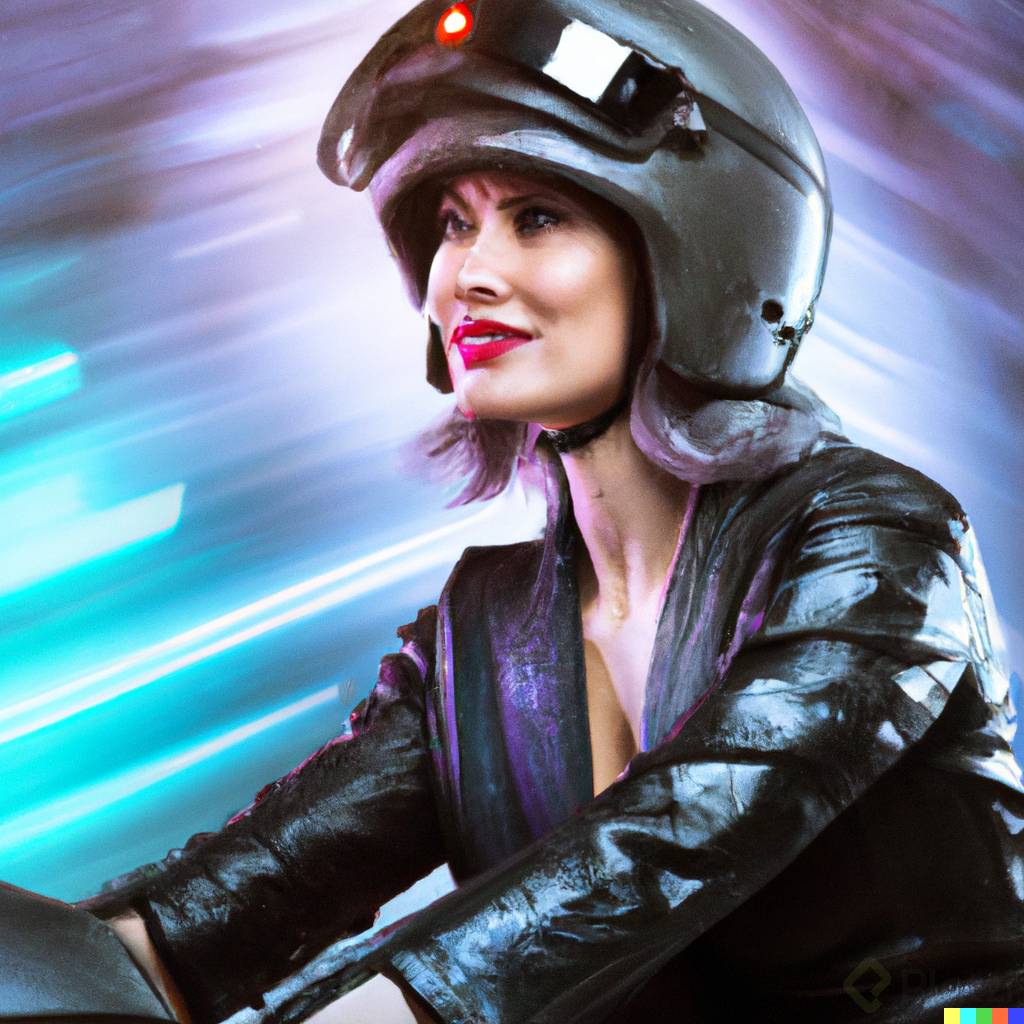 DALL路E 2023-02-13 19.26.01 - woman dressed in leather driving motorbike , futuristic background.png