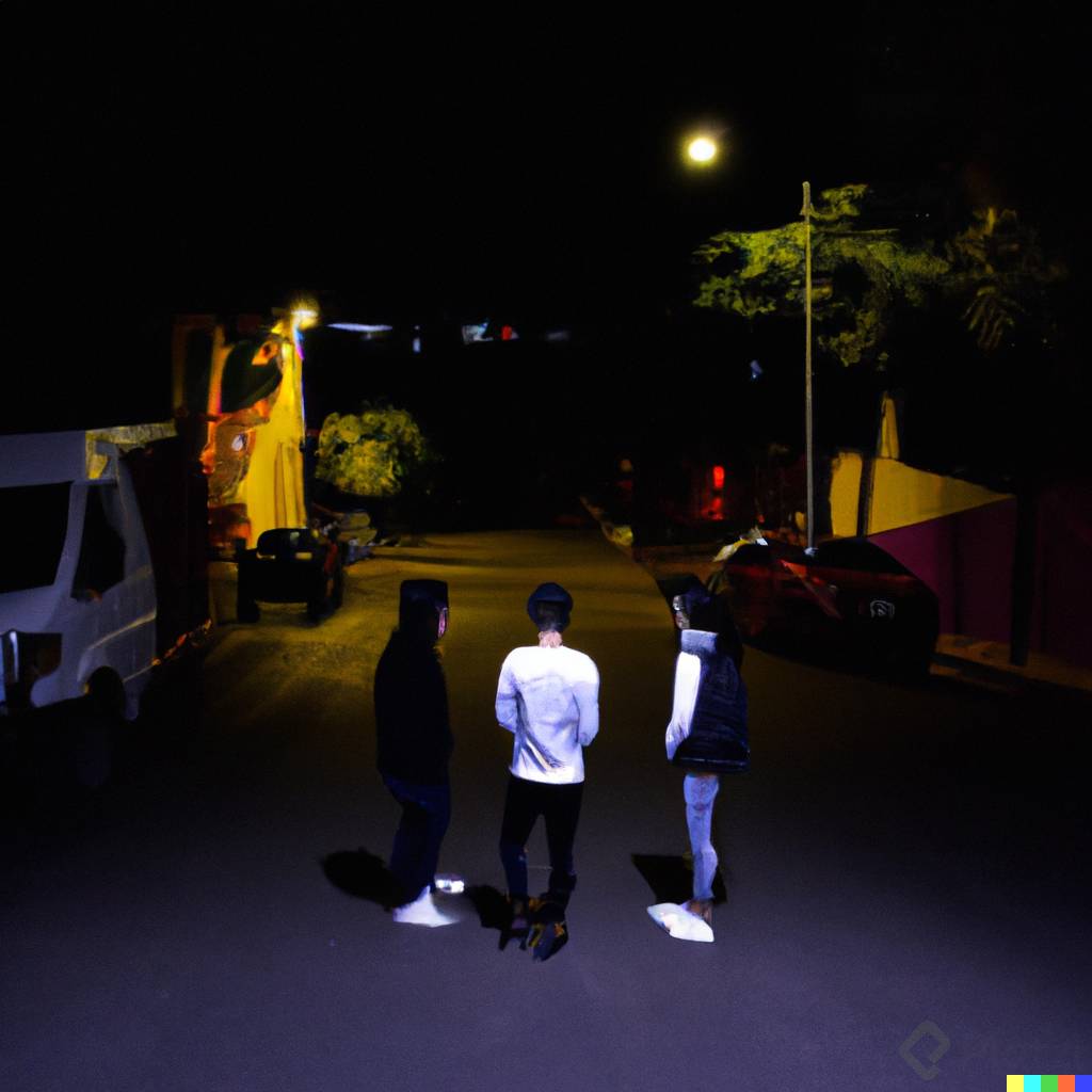 DALL·E 2023-02-14 11.31.41 - plano general calle noche 4k oscura amigos conversan by rembrandt.png