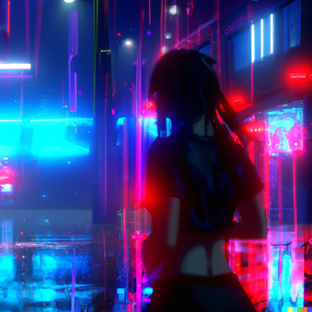 DALLÂ·E 2023-02-14 12.22.48 - dancer watching at night a softly lit dark alley while it rains, manga art, 3d background cyberpunk, 4k.png