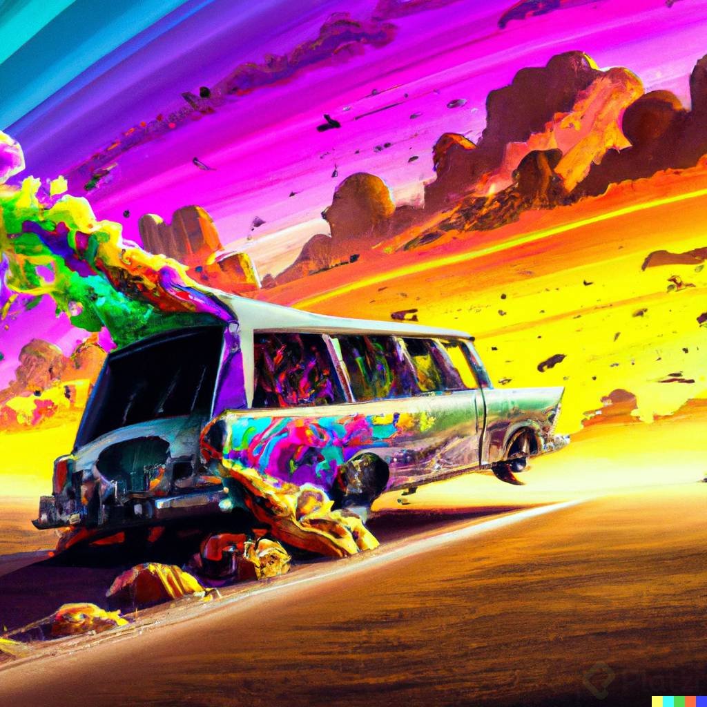 DALL路E 2023-02-14 12.36.48 - A racing  super hearse going to sunset across a wide field leaving a cloud of dust, colorful, psychedelic, digital art.png
