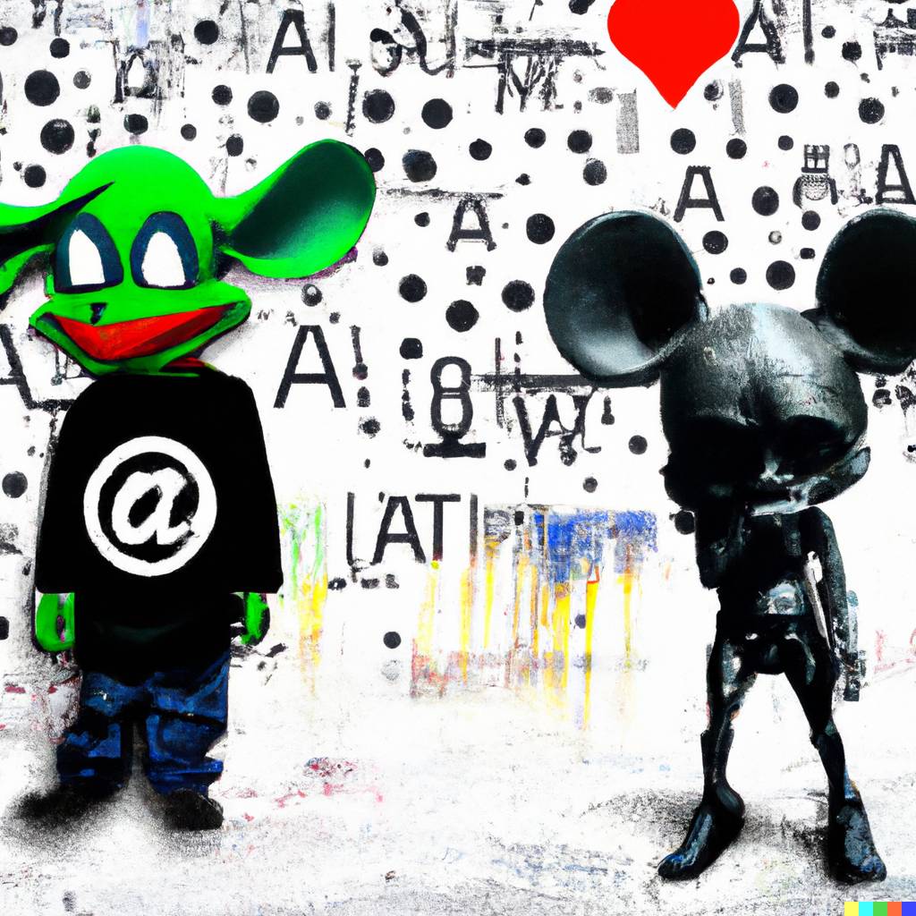 DALL路E 2023-02-14 17.15.22 - Alien and mickey mouse, graffiti wall with text AI background, art by Mr. Brainwash, modern art.png