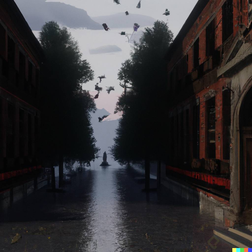 DALLÂ·E 2023-02-14 19.46.25 - an alley with open plan with a dramatic scene in the rain, with birds in the sky, in 4k by style renancense.png