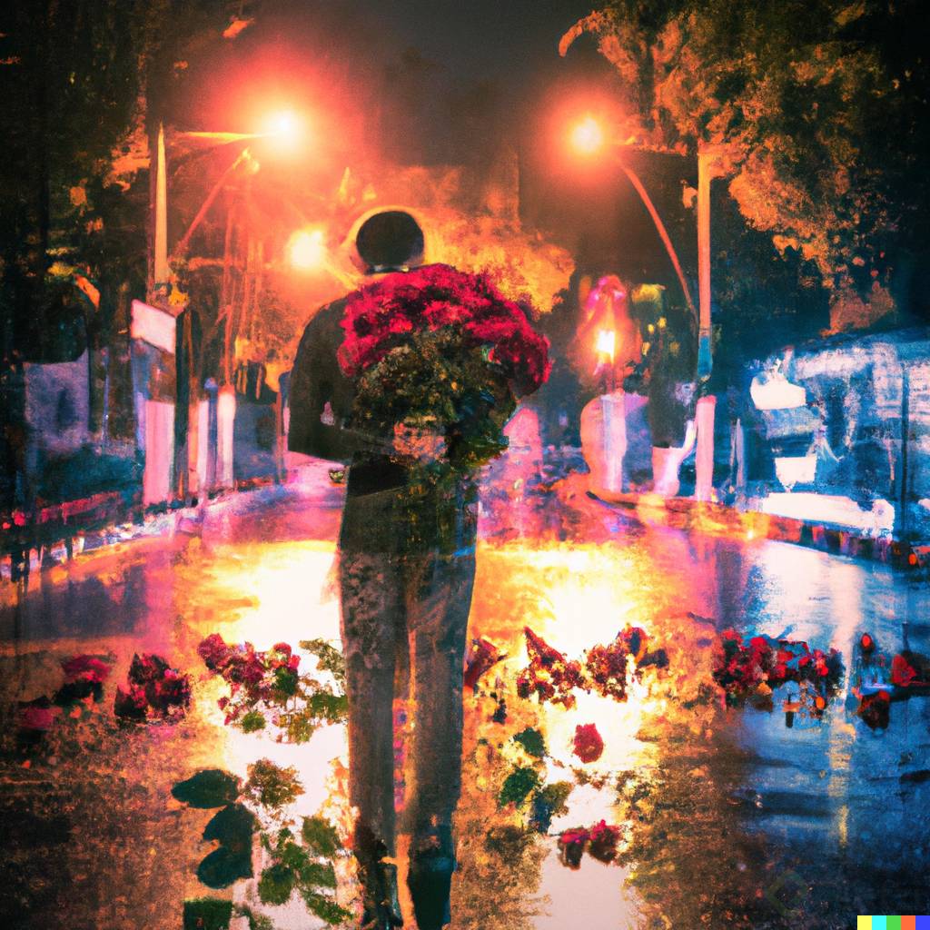 DALLÂ·E 2023-02-14 22.43.29 - Alley in the dark night, wide open shot, a man with a bouquet of roses, a dramatic scene in the rain.png