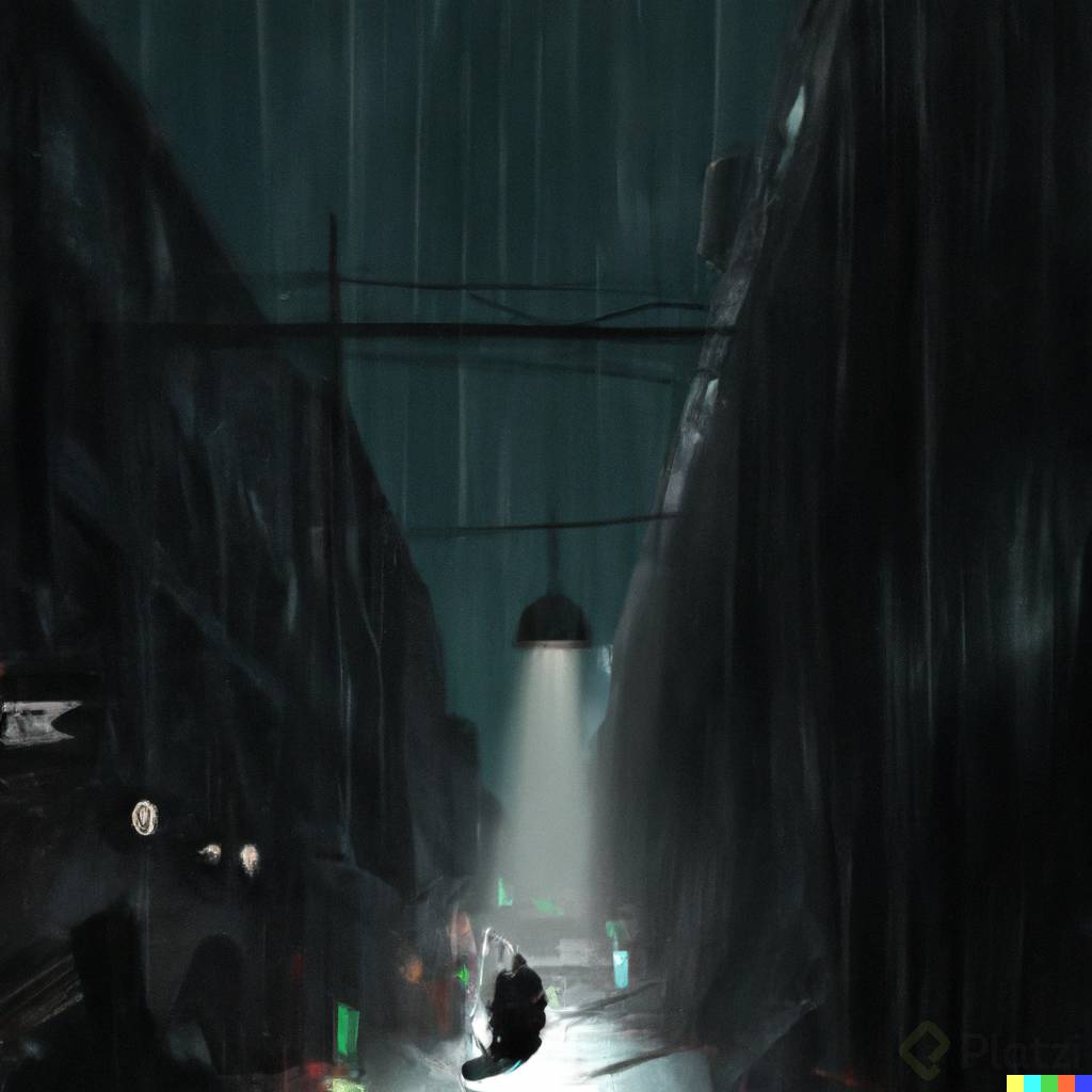 DALL·E 2023-02-15 12.23.33 - A dramatic scene at night under the rain in a very wide dark alley , anxiety, despair, as it was written by Edgar Allan Poe, 4k digital art.png