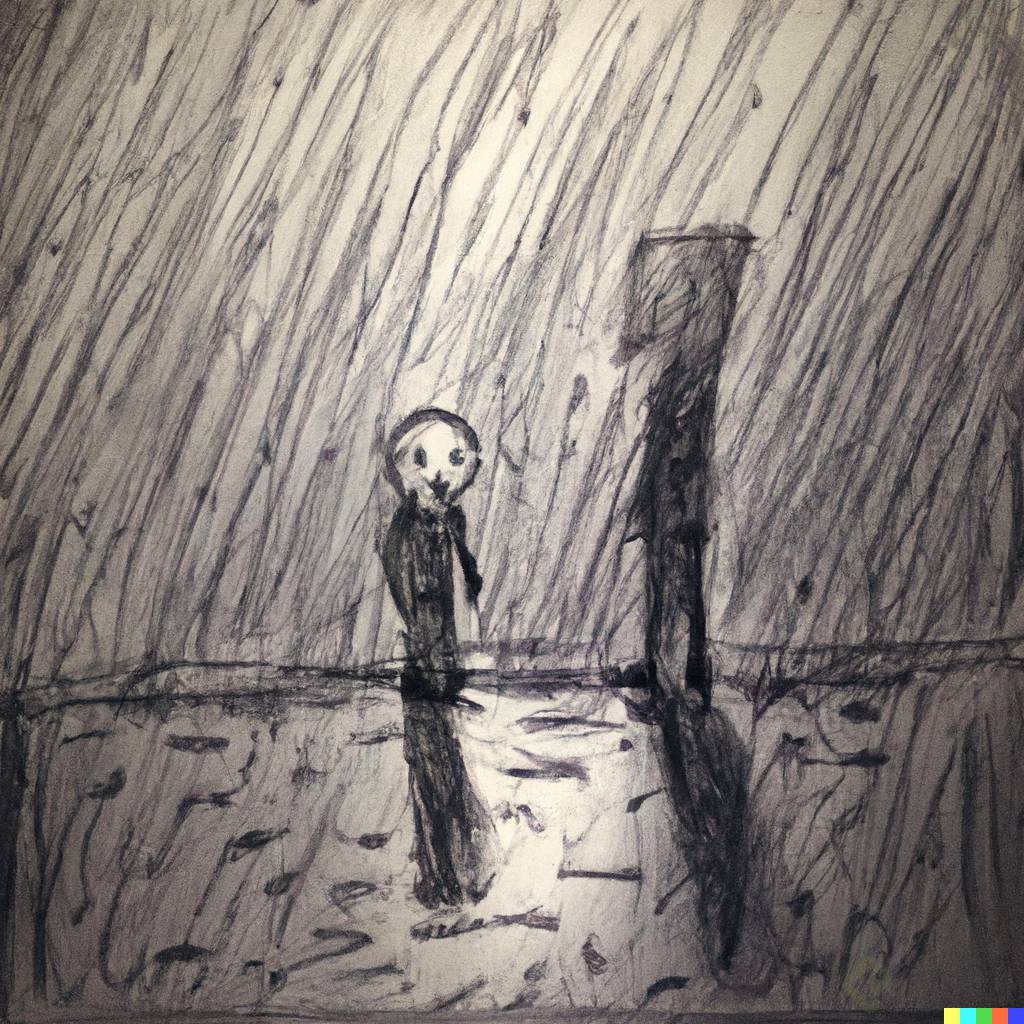 DALL·E 2023-02-15 13.20.40 - A dramatic scene at night under the rain in a very wide dark alley , anxiety, despair, child's drawing.png