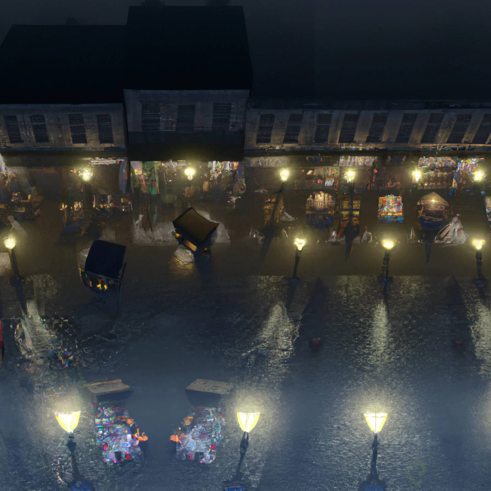 DALLÂ·E 2023-02-15 23.26.14 - Picture of (An alley with merchant stalls) at night, a little rain, romantic emotions, top view, 4k quality, colonial style _ fog, haze, people, defor.png