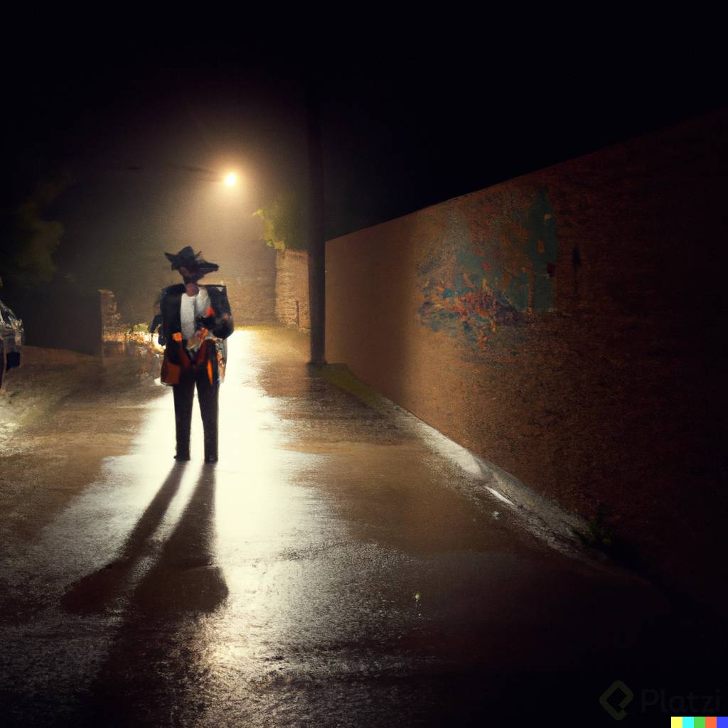DALLÂ·E 2023-02-16 11.44.29 - photograph of a mariachi in an alley, at night, dark, overhead view, dramatic backlight, rain, gregory credwson style.png