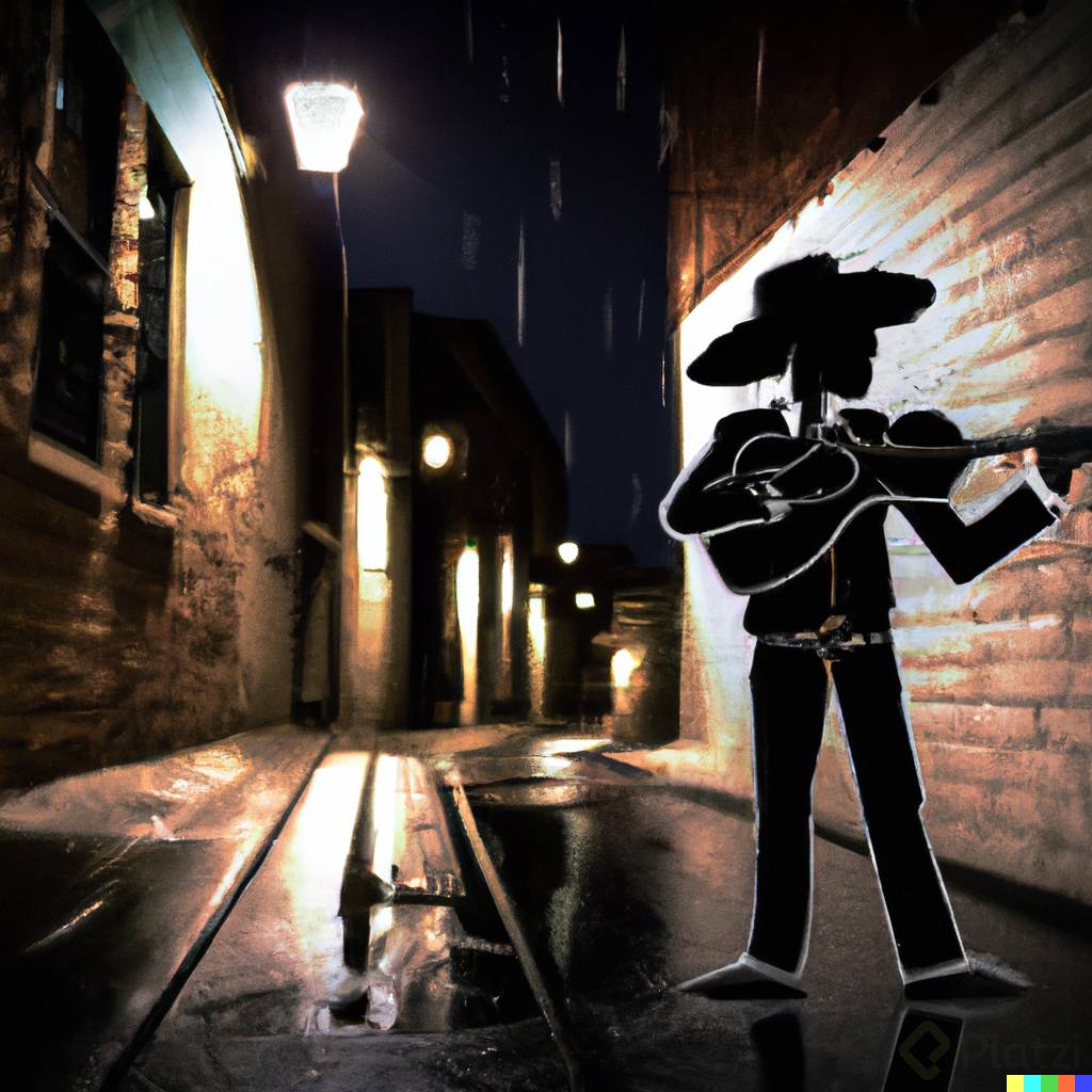 DALLÂ·E 2023-02-16 11.56.06 - paiting of a mariachi in an alley, at night, dark, dramatic backlight, raining, by banksy.png