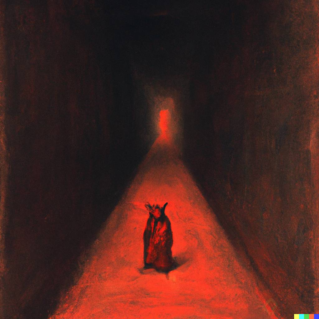DALL·E 2023-02-16 17.33.27 - A dark painting of a red demon, walking in a very wide alley, by Francisco de goya.png