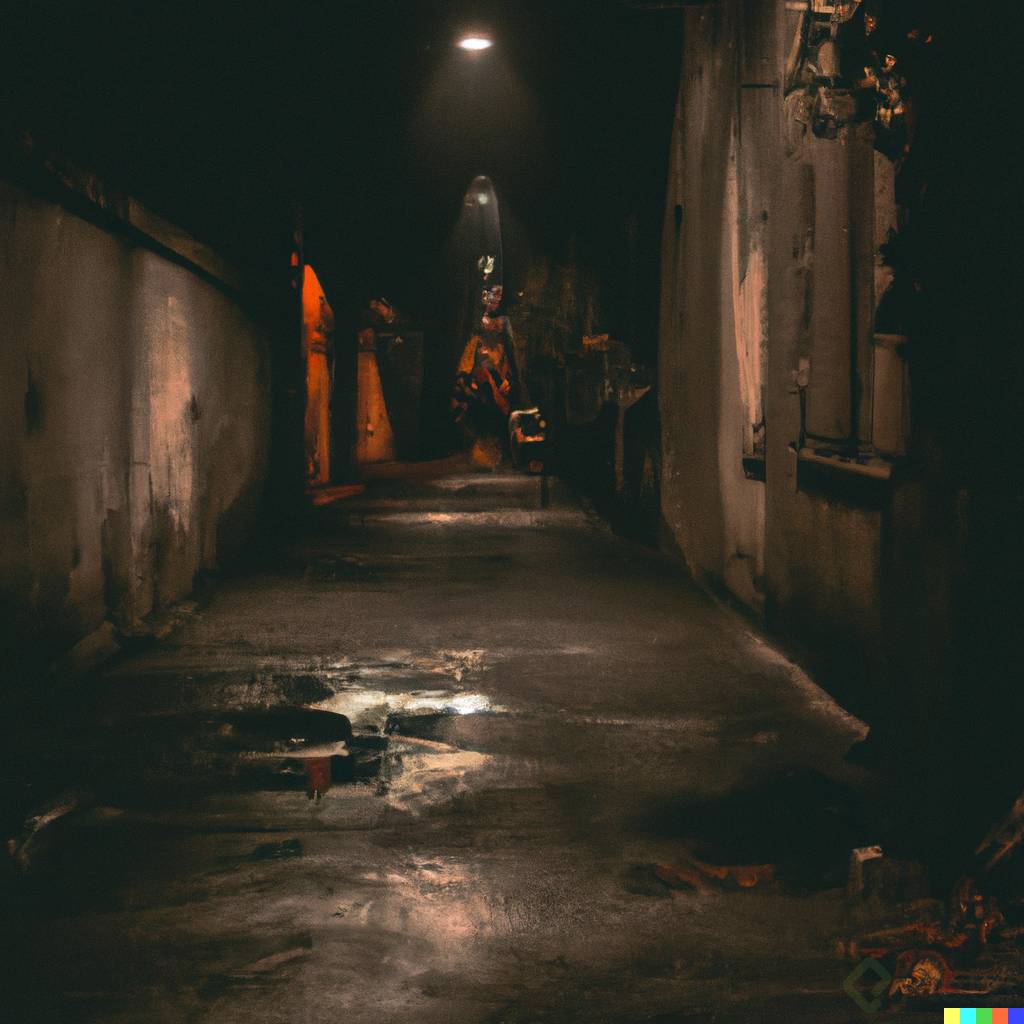 DALLÂ·E 2023-02-16 22.19.08 - Portrait of an alley at night raining, very gloomy, extremely wide, extremely disappointed, baroque painting style.png