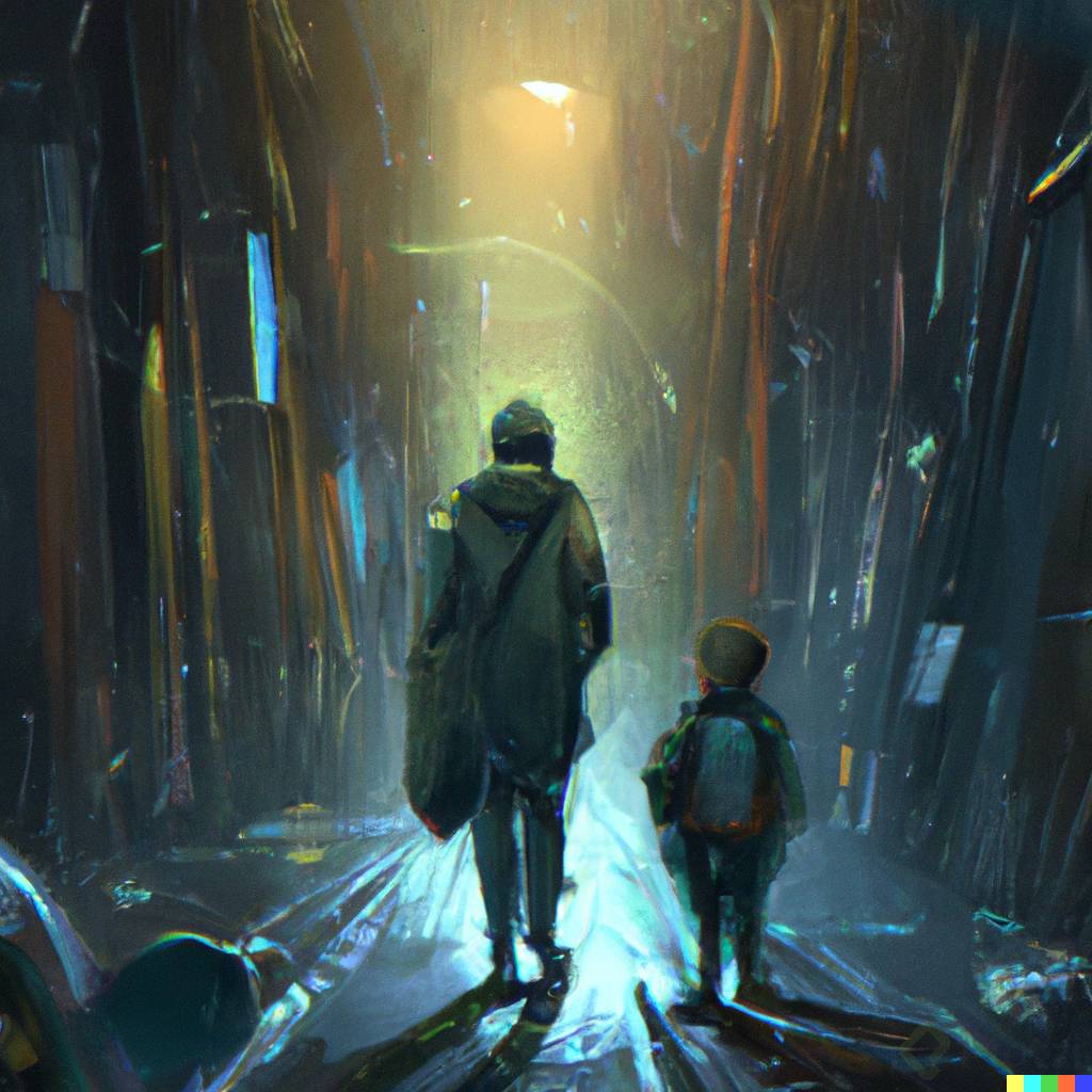DALLÂ·E 2023-02-18 14.58.34 - a dramatic scene, 10k of a father and a son arguing in the middle of an alley, very dark, pouring rain, a big long shot, a light at the end, digital a.png