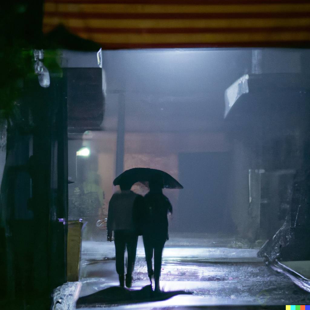 DALLÂ·E 2023-02-19 10.35.30 - Alley in the dark night, open shot, while giving a dramatic scene in the rain, and two people walk happily.png