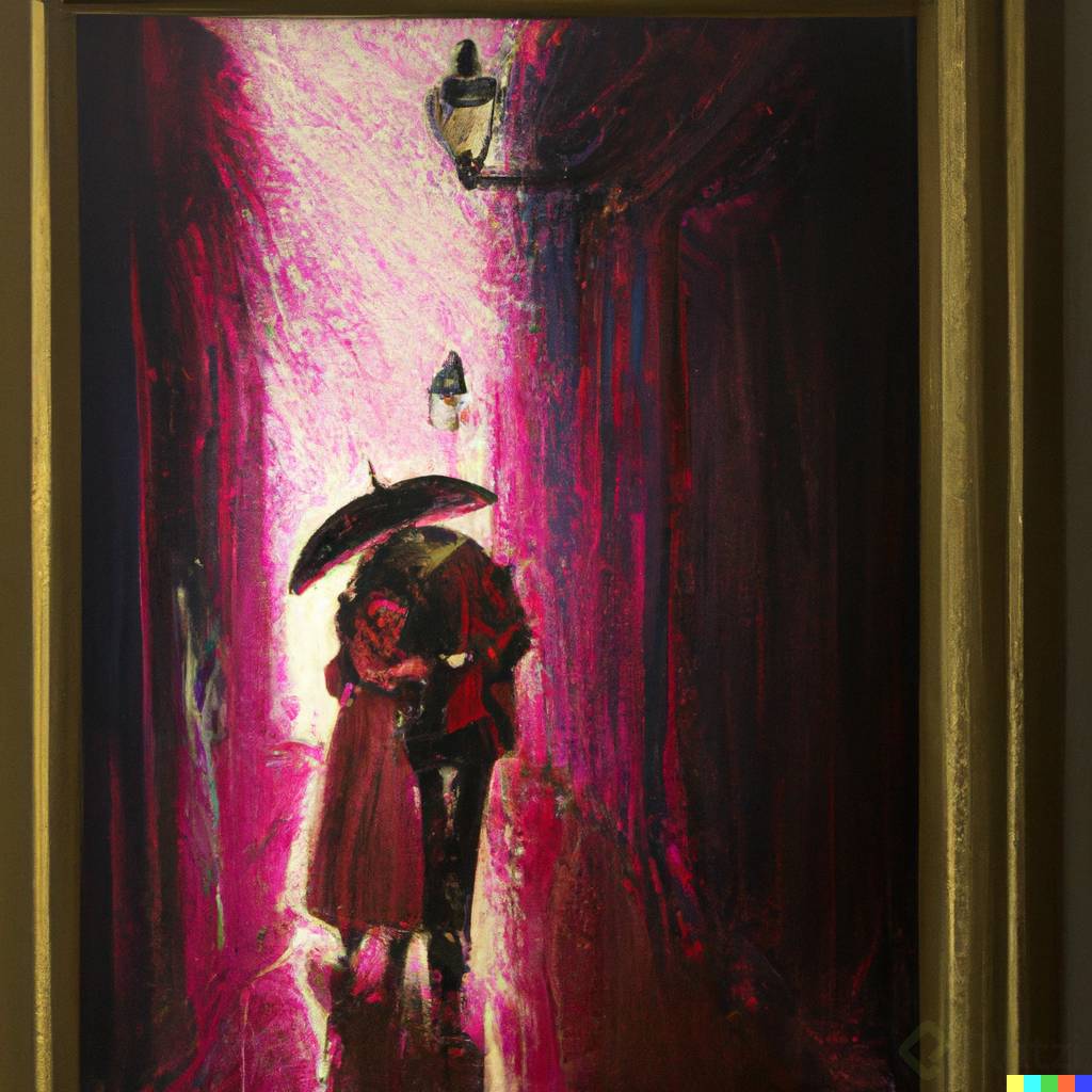 DALLÂ·E 2023-02-20 19.23.50 - A painting of a couple in a alley in the rain, inspiring sadness, with signs in pink neon, dark nigth by EugÃ¨ne Delacroix.png