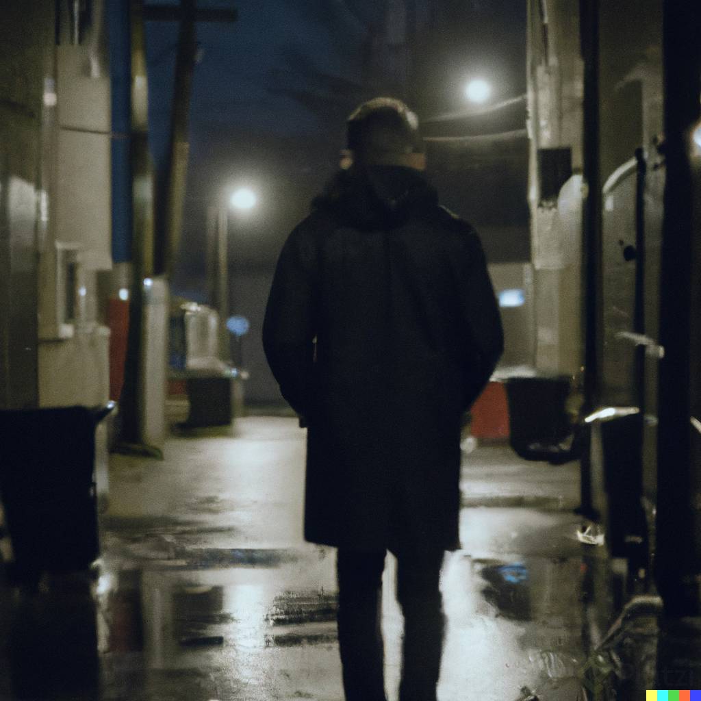 DALL·E 2023-02-22 19.33.17 - 8k portait a man in an alley on a rainy night, dramatic scene, very wide ,very gloomy .png