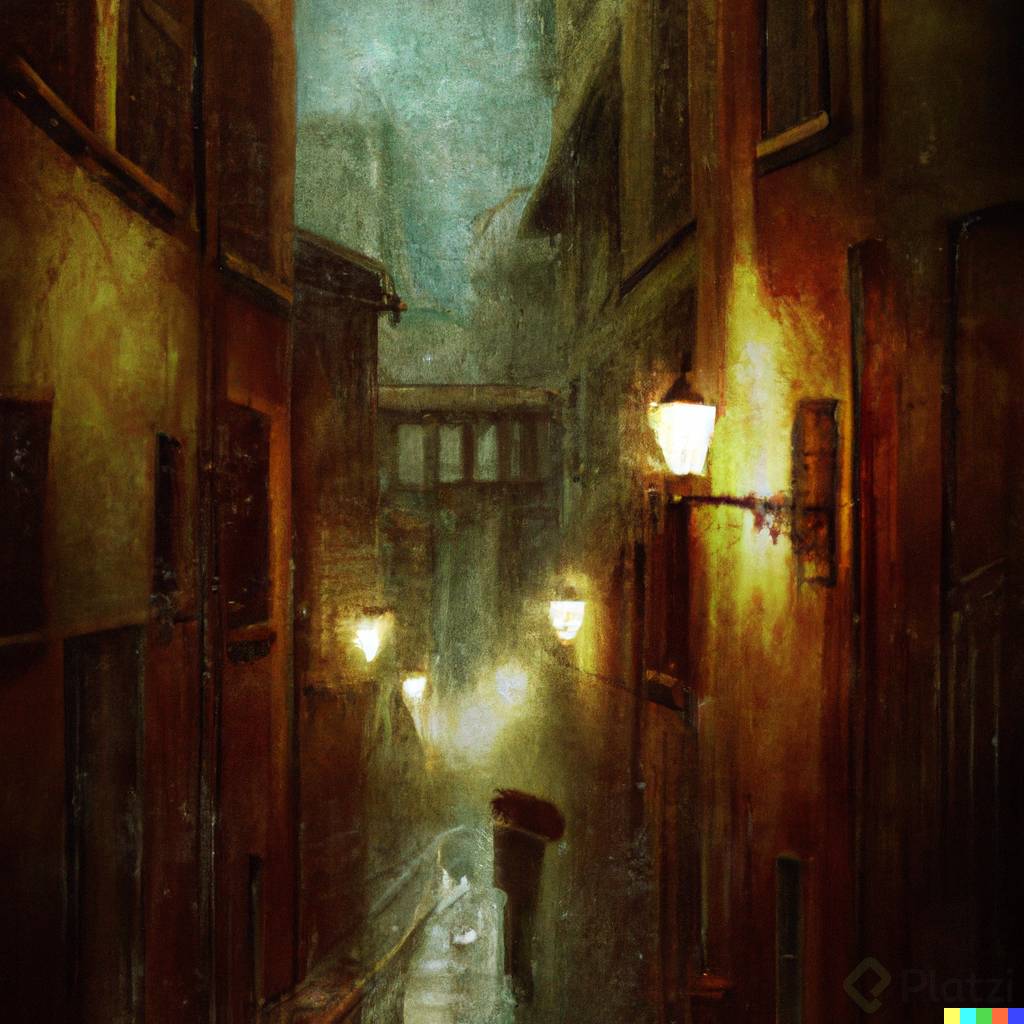 DALLÂ·E 2023-02-22 19.48.35 -  a man in an  alley on a rainy night, dramatic scene, very wide ,very gloomy, by leonardo da vinci.png
