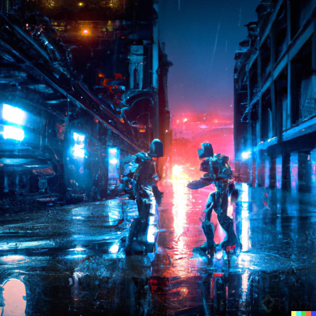 DALLÂ·E 2023-02-23 10.07.40 - Two futuristic androids fighthing each other in a dark alley of a cyberpunk city while is raining, dark, the ambient is dramatic, cyberpunk style, wid.png