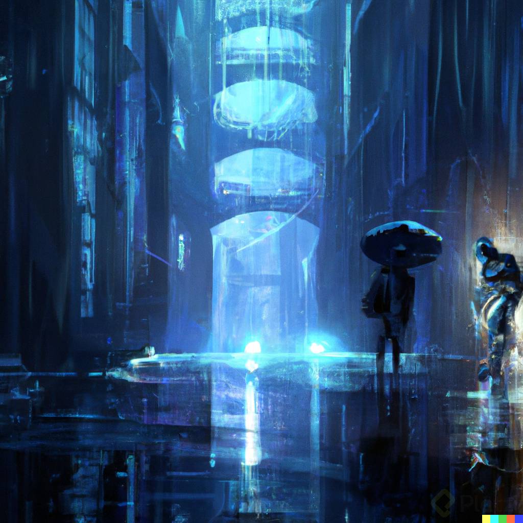 DALLÂ·E 2023-02-23 10.21.27 - A painting of two futuristic androids fighting each other in a dark alley of a cyberpunk city while is raining, dark, dramatic feeling, wide, medieval.png