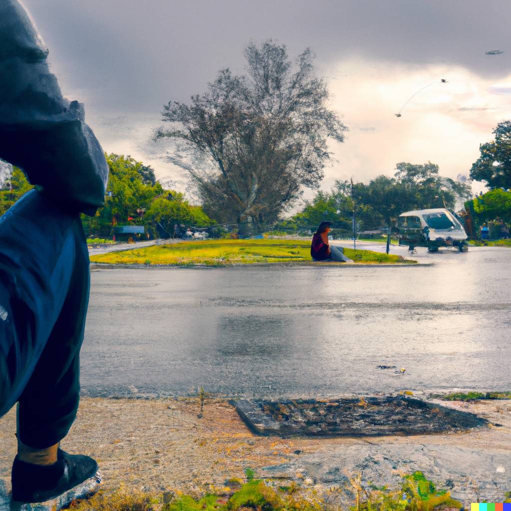 DALLÂ·E 2023-02-23 17.51.56 - photograph taken over the shoulder of a man sitting on the corner of a street, rain, cloudy, in the distance a park with children playing, 4k, dramati.png