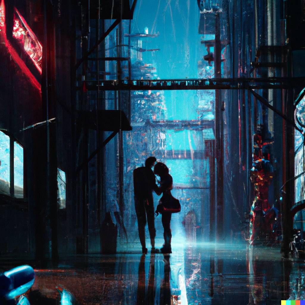 DALLÂ·E 2023-02-24 19.44.33 - an alley at night, very dark, open space in the streets, with a very dramatic scene of a man and a woman kissing in the rain, cyberpunk style, 4k.png