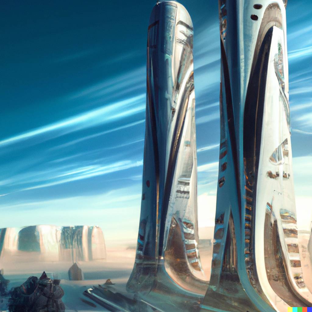 DALLÂ·E 2023-02-24 21.44.11 - two 200-story towers in a city of the future with flat technology.png