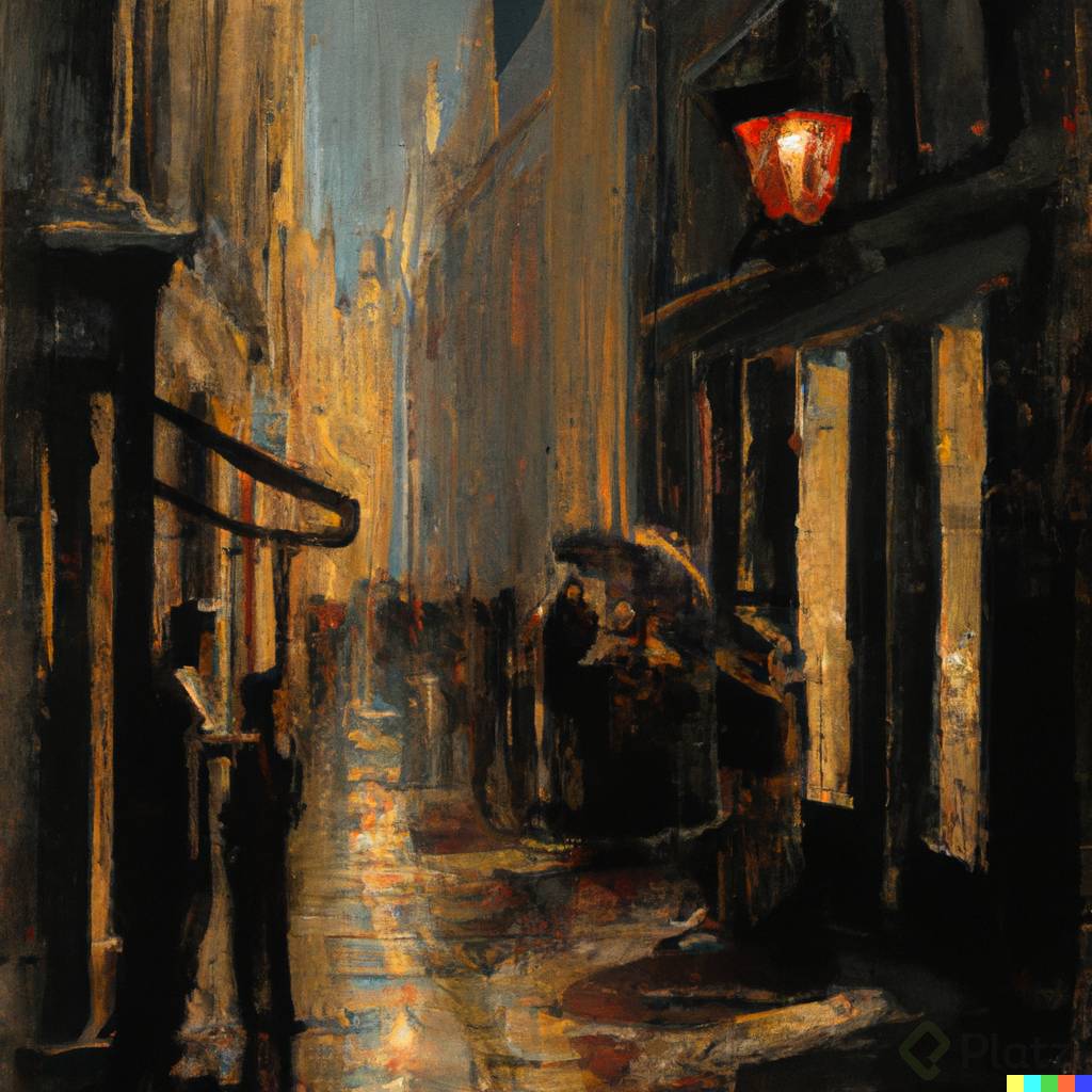 DALLÂ·E 2023-02-25 20.57.50 - A wide shot of a rain-soaked alleyway, illuminated by a solitary streetlamp casting a Rembrandt-esque chiaroscuro. The heavy raindrops create a cacoph.png