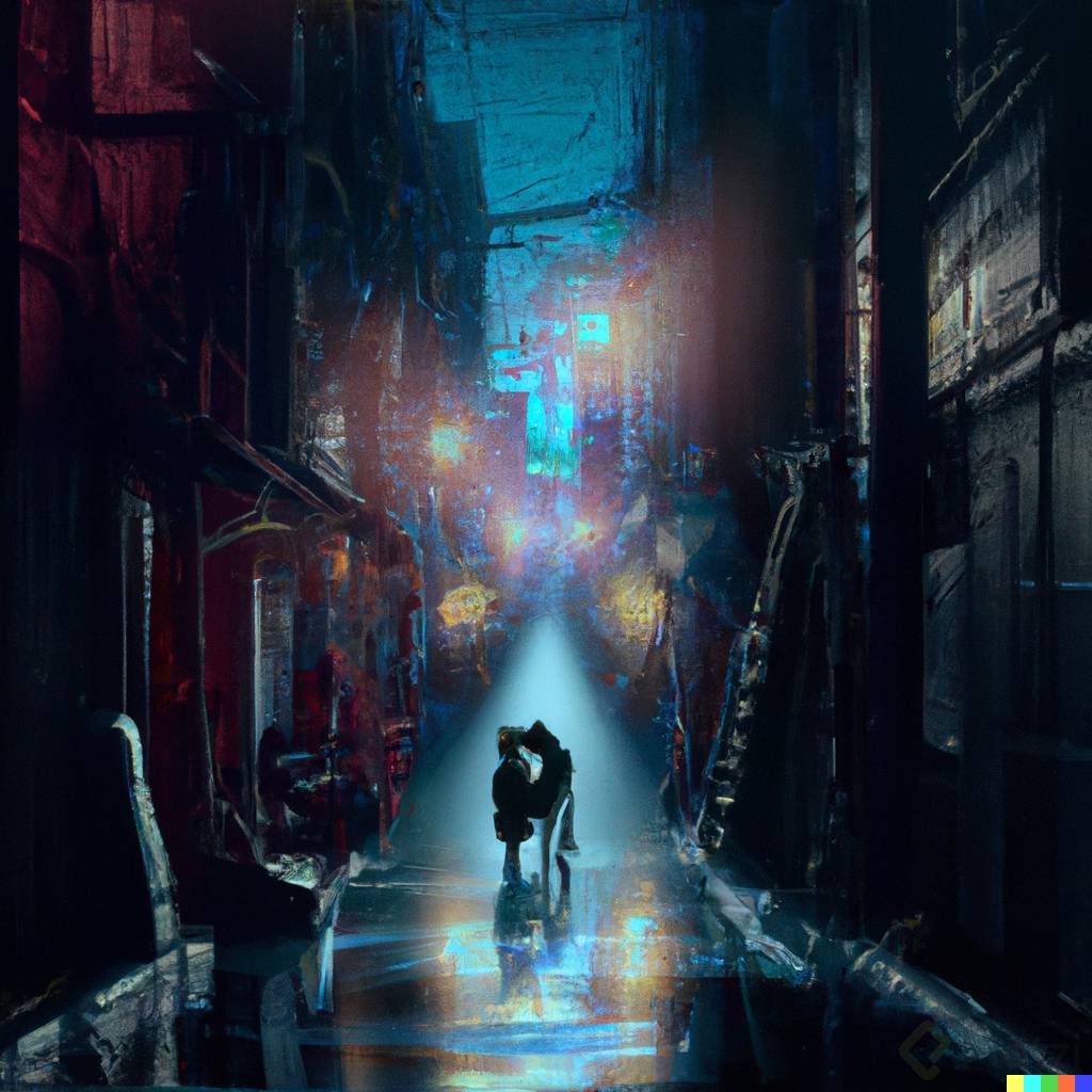 DALL·E 2023-02-27 11.23.33 - an alley at night, very dark, open space in the streets, with a very dramatic scene of a man and a woman kissing in the rain,, by  Hajime Isayama.png