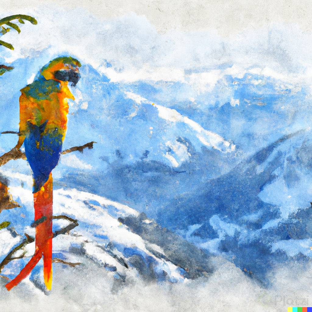 DALL路E 2023-03-02 22.06.02 - watercolor of a macaw in a winter alpine landscape.png