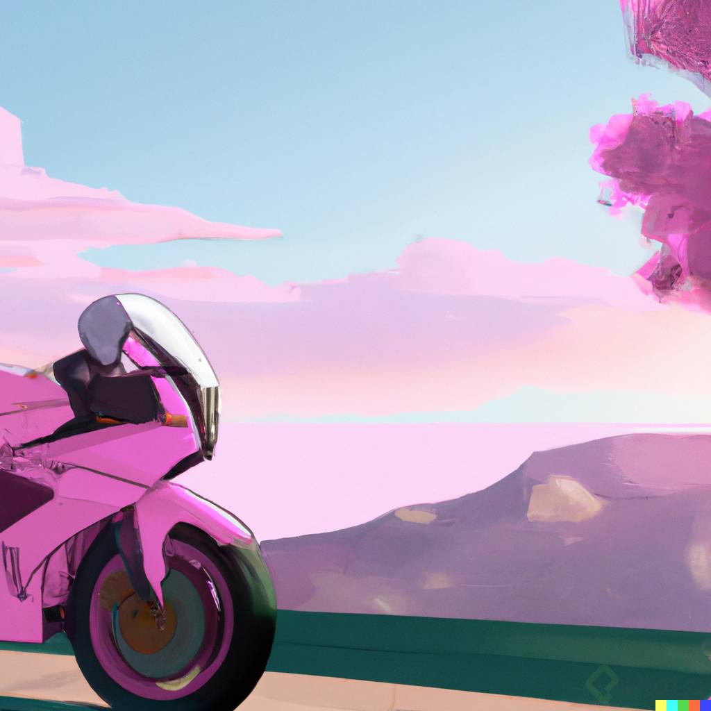 DALL路E 2023-03-03 20.32.34 - a landscape with a pink motocycle, anime stile, ultra detailed, 8k, ultra realistic.png