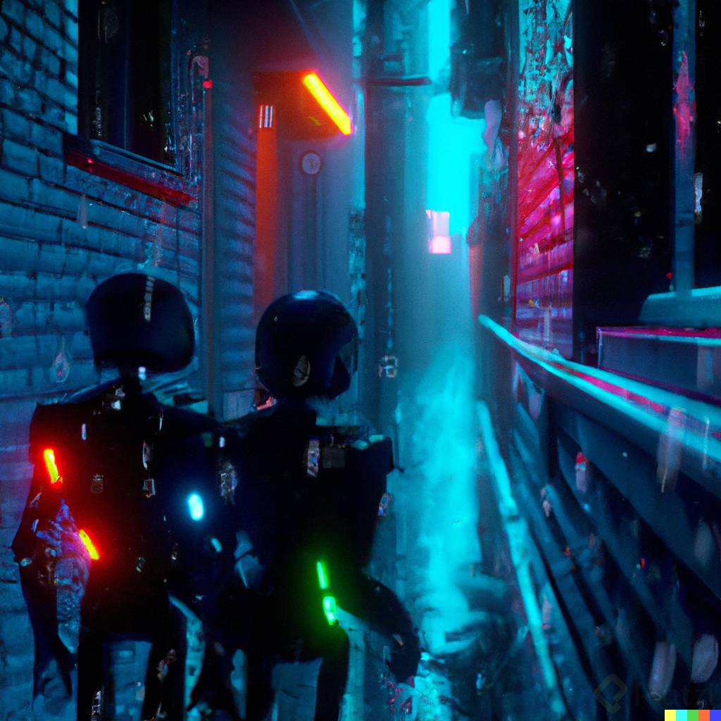 DALLÂ·E 2023-03-04 18.16.27 - Dos androides en un callejon de la ciudad con luces neon bajo la lluvia en 8k.png