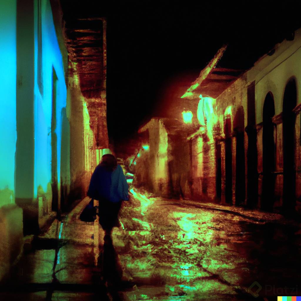 DALLÂ·E 2023-03-06 20.57.57 - Senior woman peasant walking in a gloomy antique colonial Tunja architecture alley at night, rainy weather, dark, wide,  impressionism, 1k.png