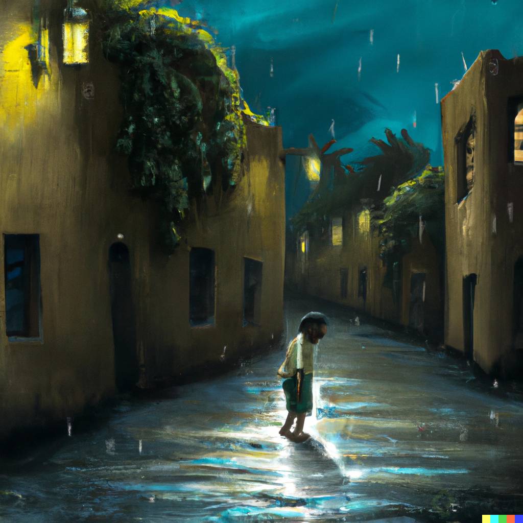 DALLÂ·E 2023-03-07 21.11.20 - painting of a peasant boy walking in a gloomy antique colonial architecture alley at night, rainy weather, dark, wide, by Rembrandt.png