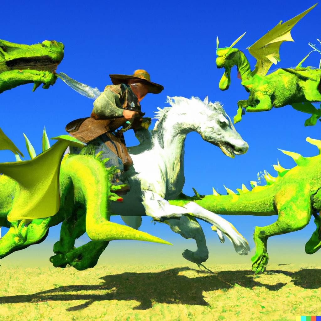 DALL路E 2023-03-09 22.45.11 - space cowboy galloping on a dragon, chasing a group of vandits, in 3d .png