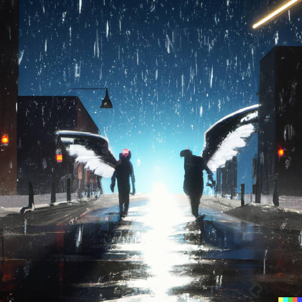 DALLÂ·E 2023-03-10 14.23.15 - one friendly angel and one aggressive devil argue in the middle of the night, in the rain, they meet in a very wide and very glowing alley, view from .png
