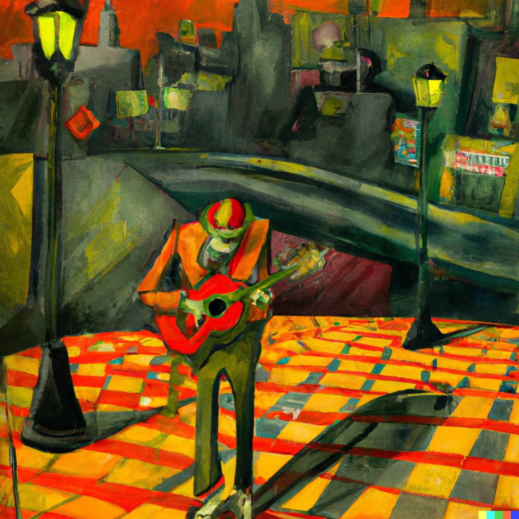 DALLÂ·E 2023-03-13 11.06.15 - a musician on iluminated and desolate Mexico City without people at night and full noon melancholic, painting, cubism style.png