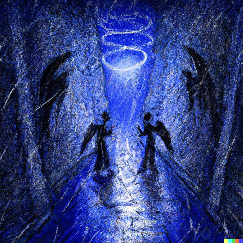 DALLÂ·E 2023-03-13 11.16.38 - angel and devil argue in the middle of the night, in the rain, they meet in a very wide and very glowing alley, view from down, by Leonardo da Vinci.png