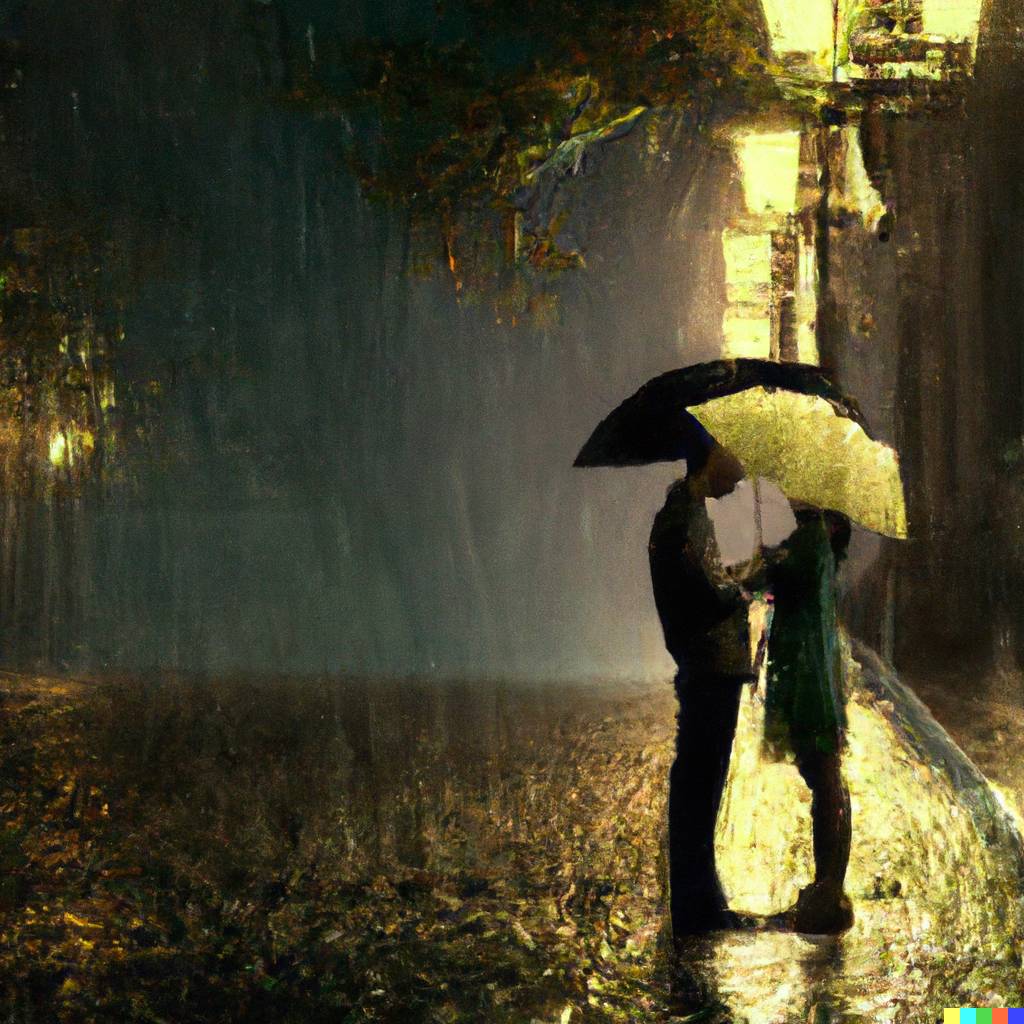 DALL·E 2023-03-13 15.56.31 - Create a lifelike picture of a dead-end street in the night. A couple sits under a single umbrella, sharing their first kiss. The image should have a .png