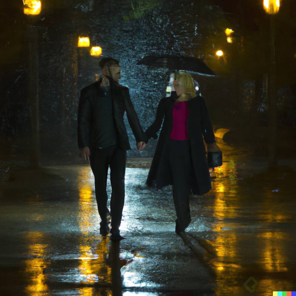 DALLÂ·E 2023-03-14 11.30.20 - romantic couple, realistic, cinematic, alley in the dark night, wide open shot a dramatic scene in the rain.png