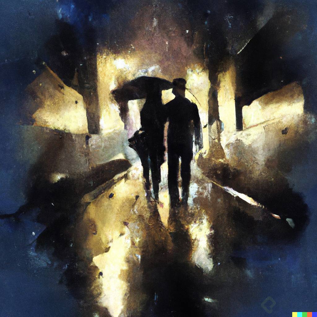 DALL·E 2023-03-14 11.46.18 - romantic couple, watercolor style, cinematic, alley in the dark night, wide open shot a dramatic scene in the rain.png