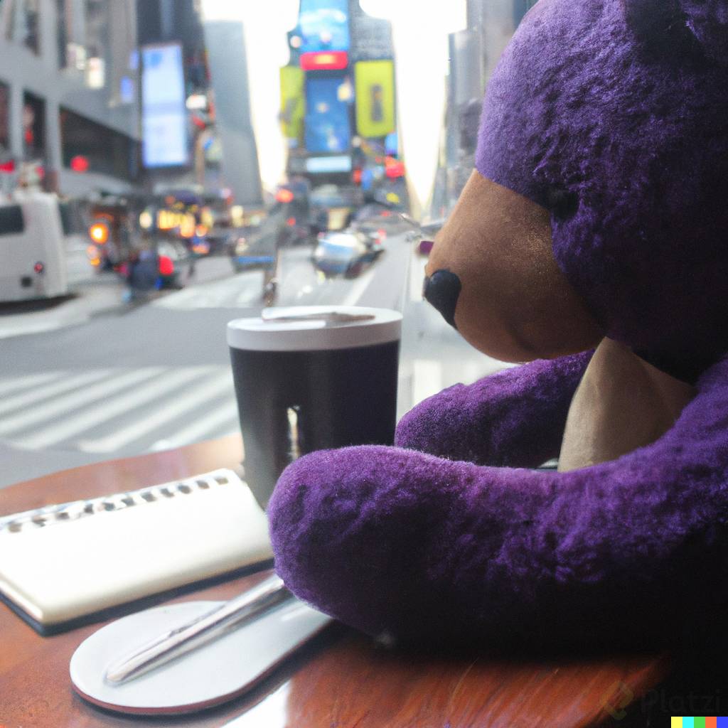 DALLÂ·E 2023-03-15 18.20.45 - foto de un oso de peluche color morado tomando cafe en nueva york.png