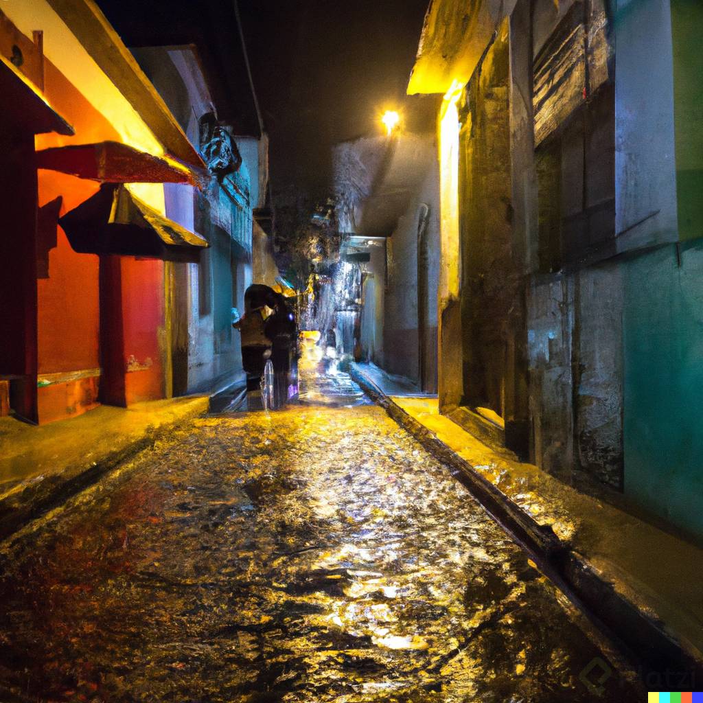 DALLÂ·E 2023-03-17 14.17.30 - alley in san cristobal de las casas, chiapas, with low light and rain, with two people kissing .png