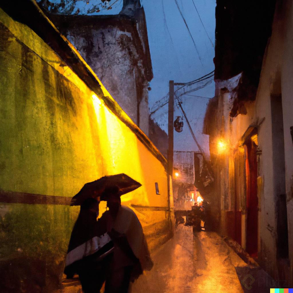DALL·E 2023-03-17 14.32.46 - alley in san cristobal de las casas, chiapas, with low light and rain, with two people kissing by Vincent van Gogh.png