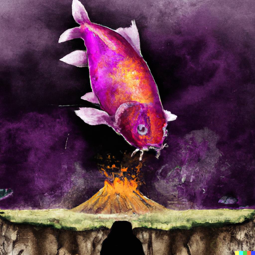 DALL路E 2023-03-19 15.30.09 - purple koi fish, jumping out of a hot lava crater, hyper realistic, watercolor, mayan empire in the background..png