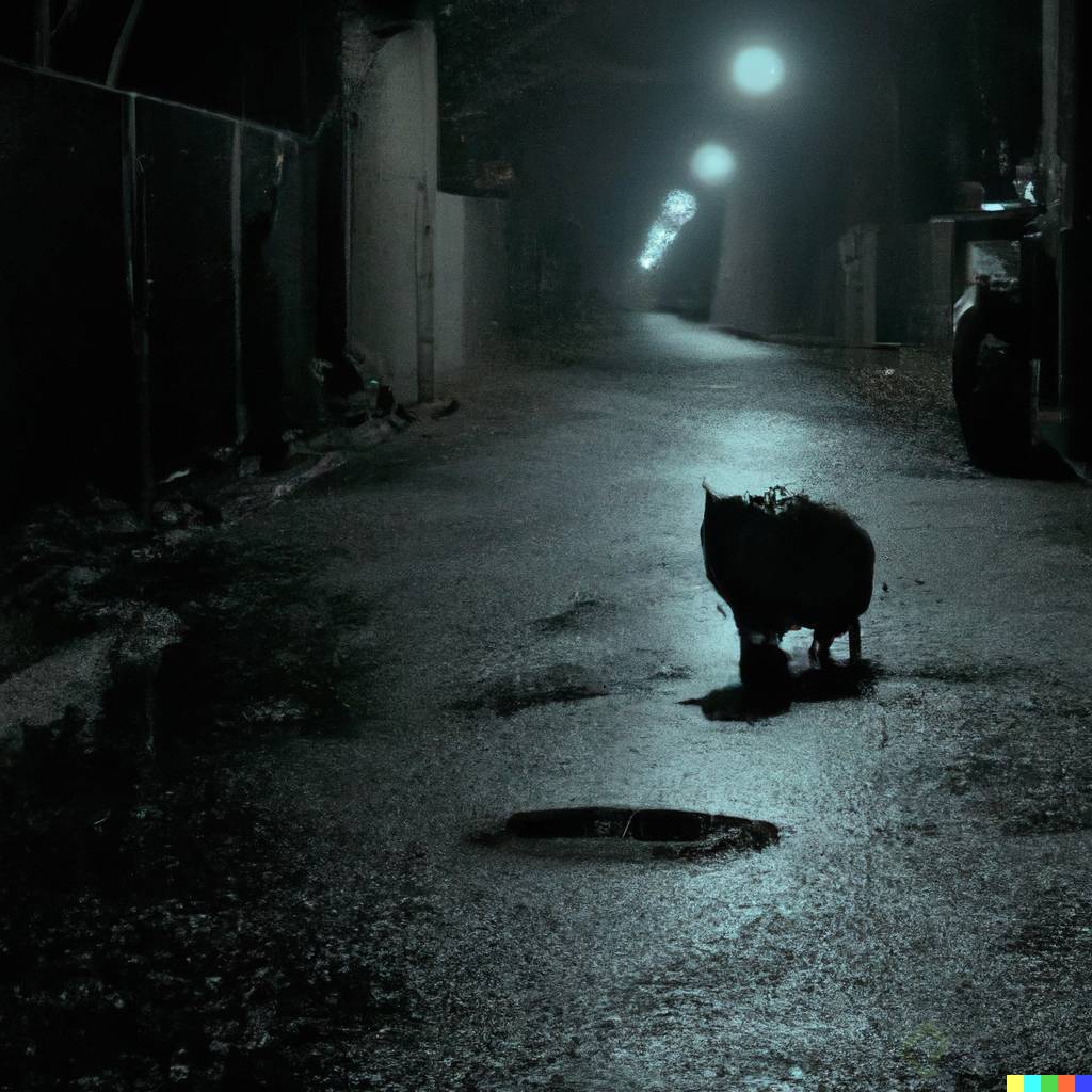 DALLÂ·E 2023-03-19 18.24.25 - Photography of a cat, in a very wide alley, dark raining night, 4k.png