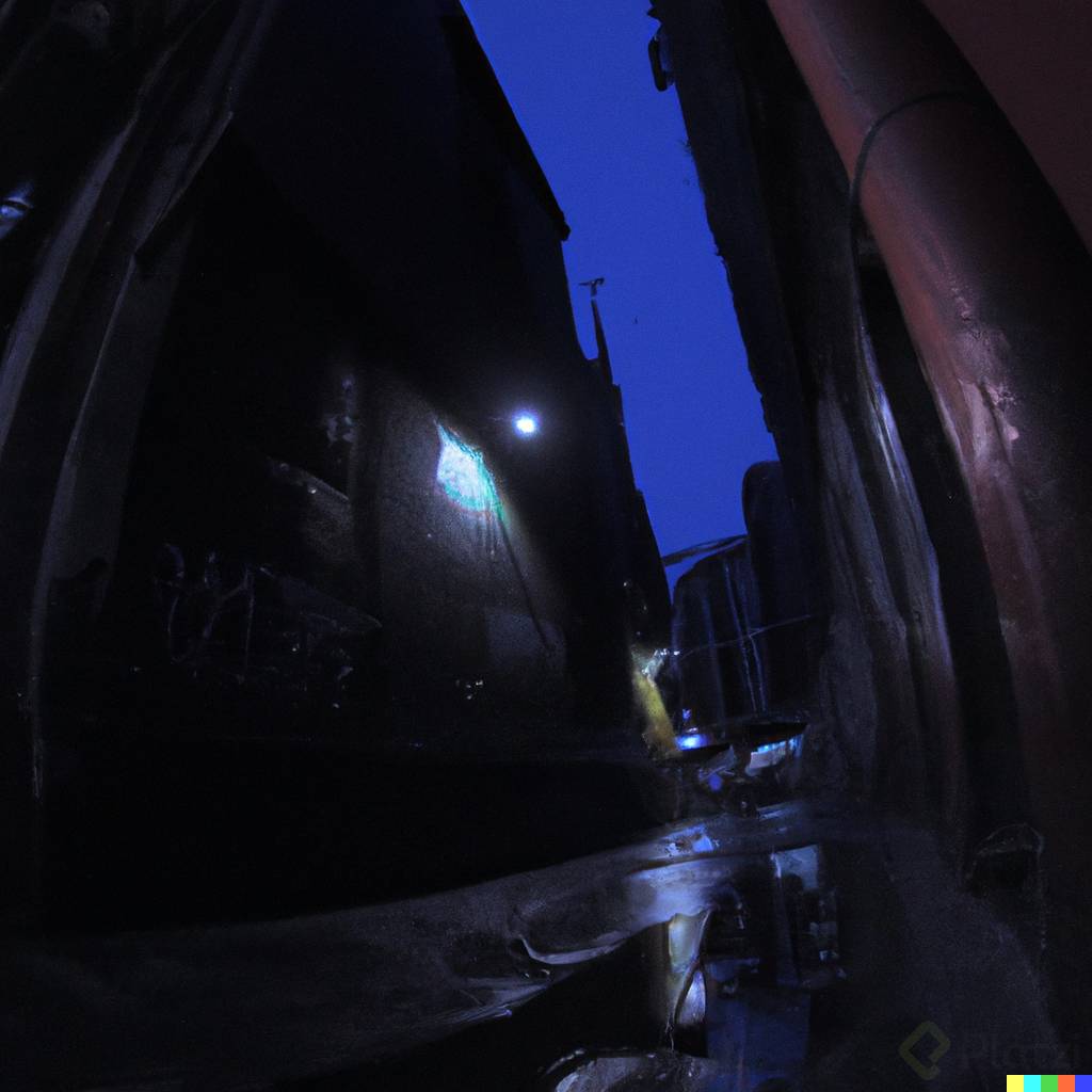 DALLÂ·E 2023-03-19 20.30.27 - film still, extreme wide shot of a dark rainig alley in mexico city, tilted frame, fish eye lens, blue hour photography..png