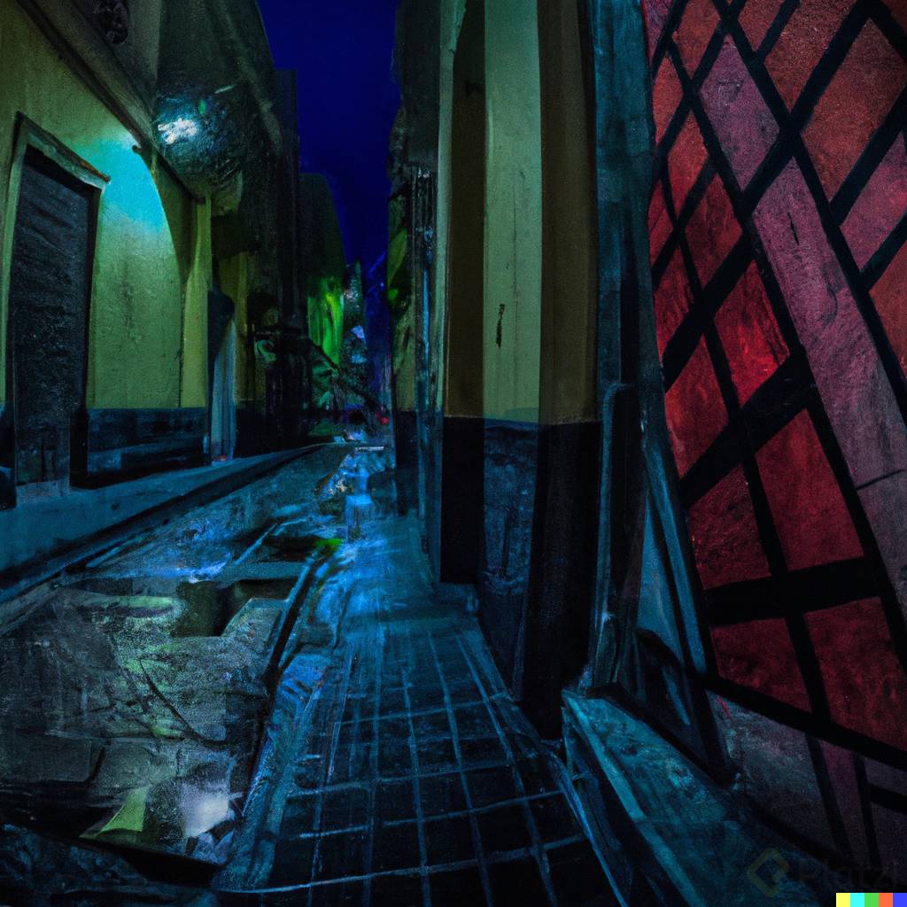 DALL·E 2023-03-19 20.53.07 - extreme wide view of a dark rainy alley in mexico city, tilted frame, blue hour, cubism style.png