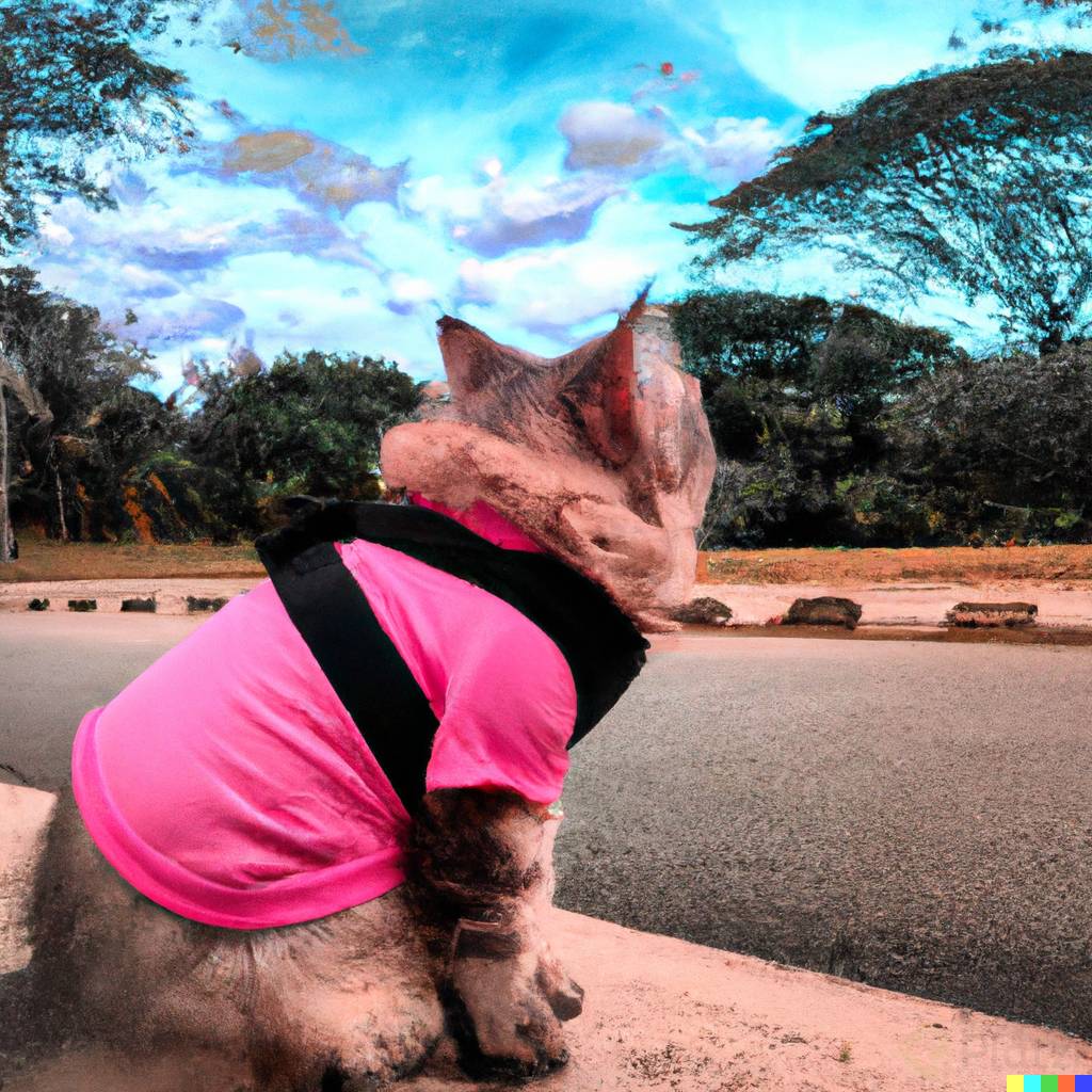 DALLÂ·E 2023-03-19 22.04.01 - Photo of a cat wearing a pink tshirt, sitting in a park whatching the wide sky by Van Gogh.png